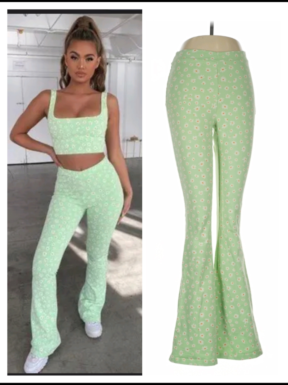 Tiger Mist Mint Green Daisy High-Rise Flare Leggings